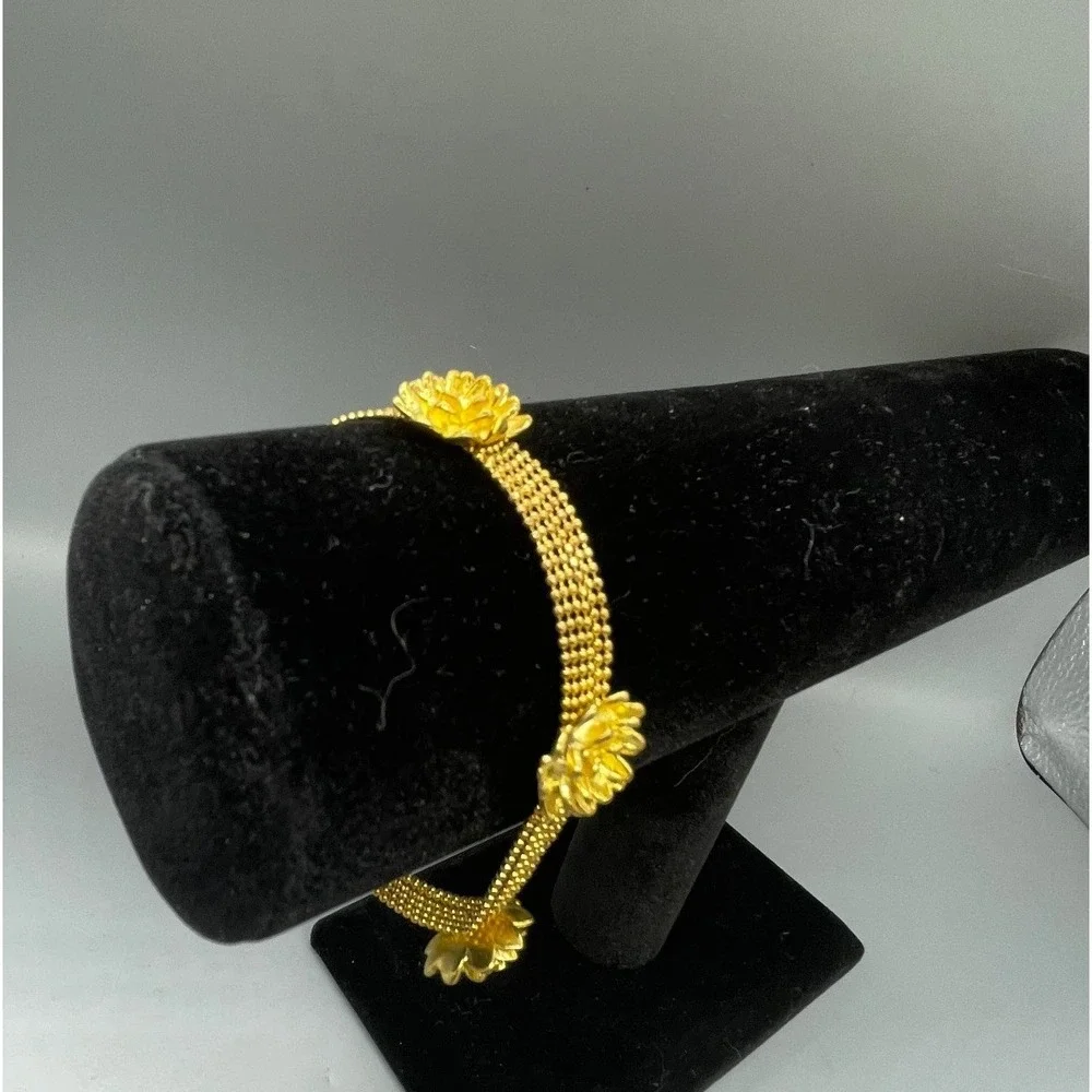 Gold‎ Tone Multi Strand Ball Chain Lotus Flower Charm Bracelet Adjustable 7.5in